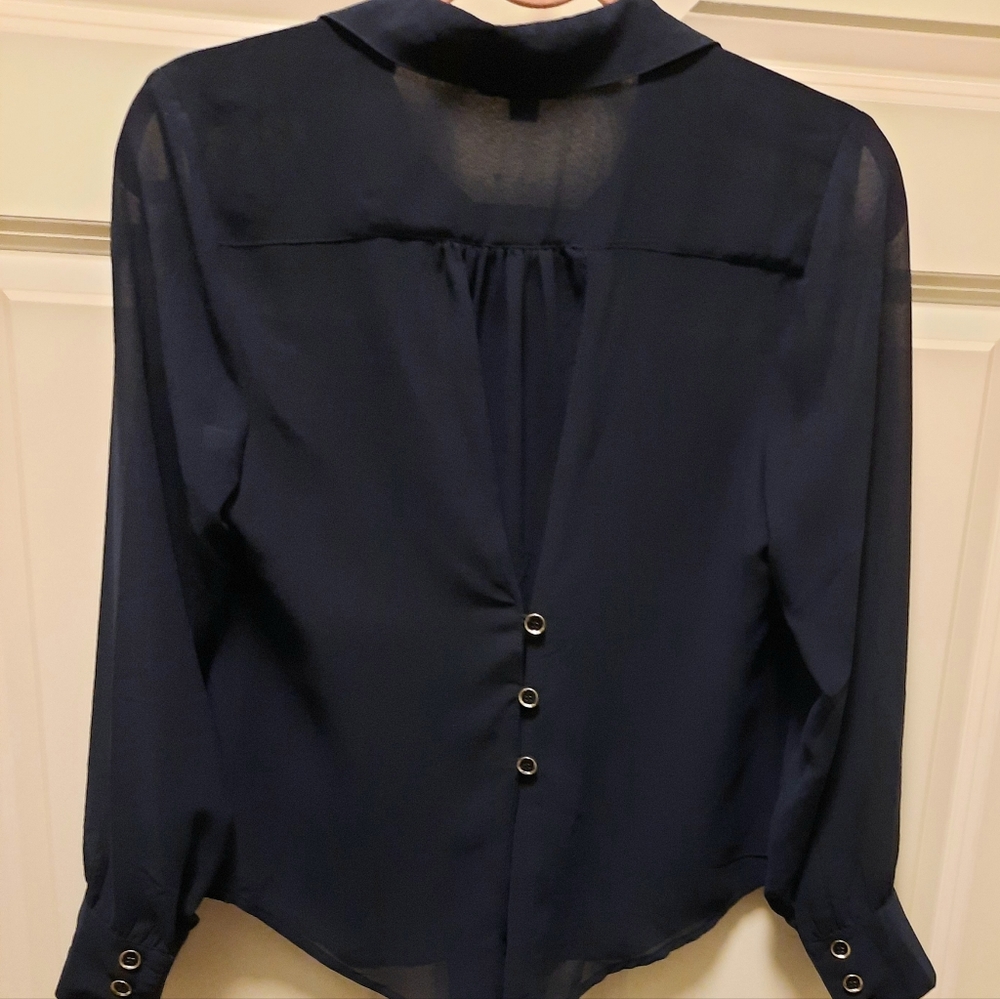 petite SMALL sheer PREMISE navy BLOUSE - Picture 2 of 8